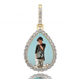 Iced Custom Drip Shaped Photo Pendant in Gold