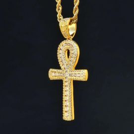 Double Iced Ankh Cross Pendant in Gold