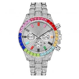 Iced Rainbow Dial Steel Watch in White Gold
