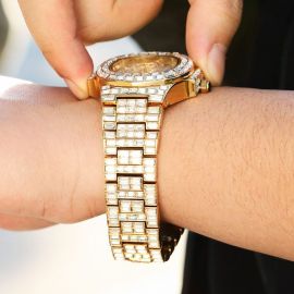 40mm Baguette Cut Stone Iced Dial Watch in Gold