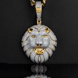 Iced Roaring Lion Pendant with 8mm Cuban Link in Gold