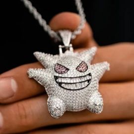 Iced Gengar Pendant with 24" Rope Chain in White Gold