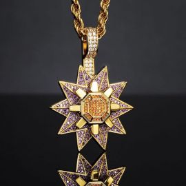 Iced Rotating Starfish Pendant with 24" Rope Chain in Gold