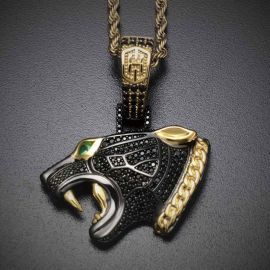 Iced Black Panther Head Pendant with 24" Rope Chain in Gold