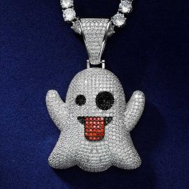 Iced Ghost Emoji Pendant in White Gold