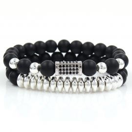 2Pcs Black Frosted & Copper Beads Bracelet Set in White Gold