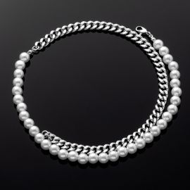 Half Pearl and Steel Cuban Chain Necklace