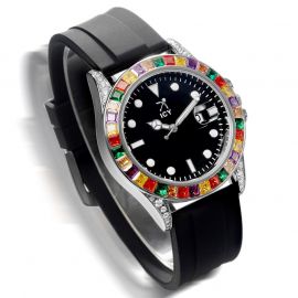 Rainbow White Gold Luminous Watch with Black Silicone Strap