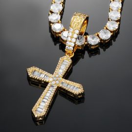Halo Baguette Stones Cross Pendant in Gold