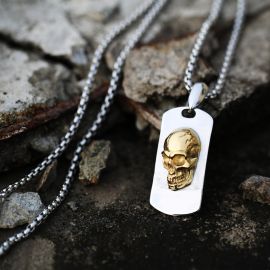3D Gold Skull Stainless Steel Dog Tag Necklace