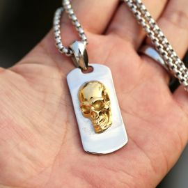 3D Gold Skull Stainless Steel Dog Tag Necklace