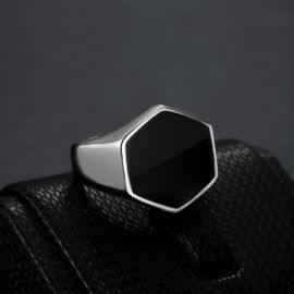 Black Hexagon Signet Titanium Steel Ring in White Gold