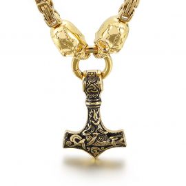 Viking Hammer Pendant with Skull Head Byzantine Chain in Gold