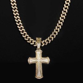 13mm Iced Cuban Chain + Cross Pendant Set in Gold 