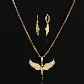 Iced Angel Pendant + Angel Wings Earrings Set in Gold