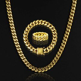 10mm Stainless Steel Cuban Chain Set + 10mm Cuban Ring in Gold