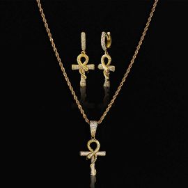 Iced Ankh Ouroboros Cross Pendant and Earrings Set in Gold
