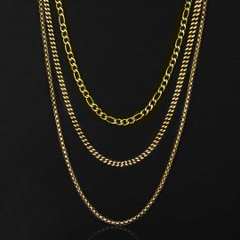 5mm Stainless Steel Cuban Chain + 5mm Figaro Chain + 2.5mm Franco Chain Set in Gold