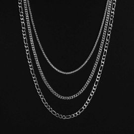 5mm Stainless Steel Cuban Chain + 5mm Figaro Chain + 2.5mm Franco Chain Set in White Gold