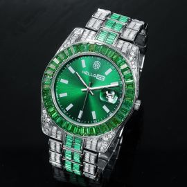 Emerald Bezel Date Display Men's Watch in White Gold