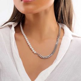 Women's Half Pearl and Steel Cuban Chain Necklace