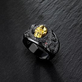 Double Snake with Skull Ring in Black Gold