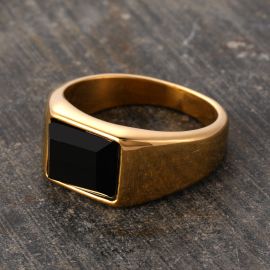 Vintage Square Black Agate Stainless Steel Ring in Gold
