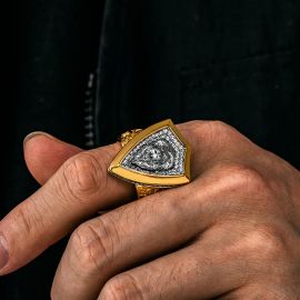 Iced Roaring Lion Shield Ring in Gold