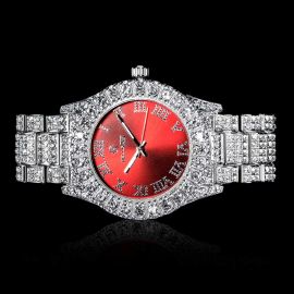 Iced Roman Numerals Red Dial Men's Watch in White Gold