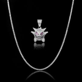 3mm Tennis Chain + Iced Gengar Pendant Set in White Gold
