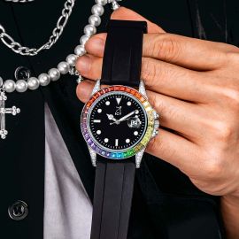 Rainbow White Gold Watch with Black Luminous Dial