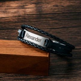Men's Personalized Engraved Bracelet in Braid Leather and Steel