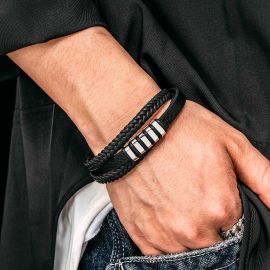 Men's Braid Leather Bracelet with Steel