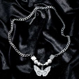 Dice Pearl Butterfly Stainless Steel Necklace