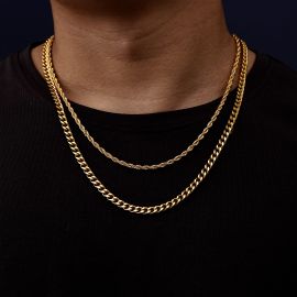 5mm Cuban + 3mm Rope Solid 925 Sterling Silver Chain Set in Gold