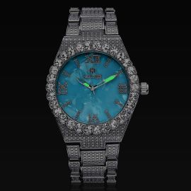 Iced Baby-blue Luminous Roman Numerals Men's Watch in White Gold