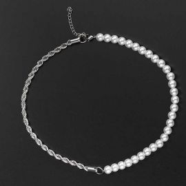 Half Pearl and Half Rope Chain in White Gold