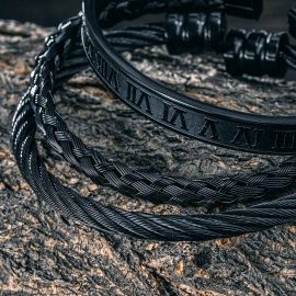 3Pcs Braid Steel Wire Open Bracelet with Roman Numbers Bracelet Set in Black Gold