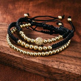 3Pcs Braid Rope Gold Copper Beads Bracelet