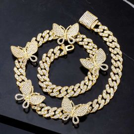 Iced Miami Cuban Chain With Rotating Butterfly Choker in Gold