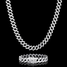 14mm Iced Prong Cuban Chain and Bracelet Set in White Gold