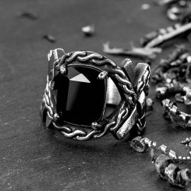 Iris Pattern Gem CZ  Stainless Steel Ring in Black