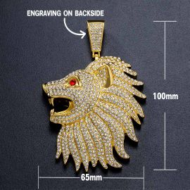Iced Large Roaring Lion Head Pendant with Iced Cuban Chain in Gold