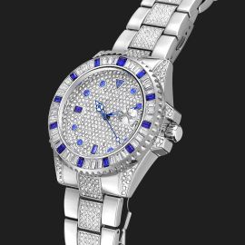 Iced Blue Stones Rotatable Bezel Watch in White Gold