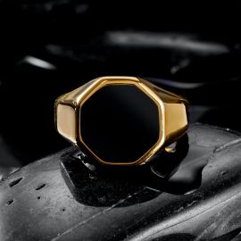 Octagon Black Signet Stainless Steel Ring in Gold