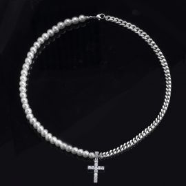 Half Pearl and Steel Cuban Chain with Cross Pendant Necklace