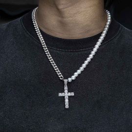 Half Pearl and Steel Cuban Chain with Cross Pendant Necklace