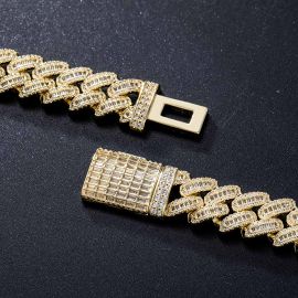 14mm Baguette & Round Cut Box Clasp Cuban Chain in Gold