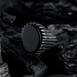 Black Gem Round Signet Stainless Steel Ring