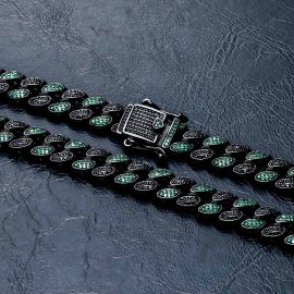 Iced 8mm Handset Emerald & Black Stones Cuban Chain in Black Gold
